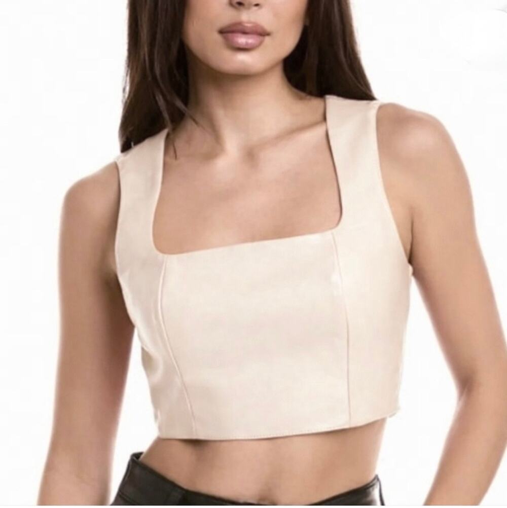 NWT 7 For All Mankind Faux Leather Sleeveless Crop Top Women's Medium Cream